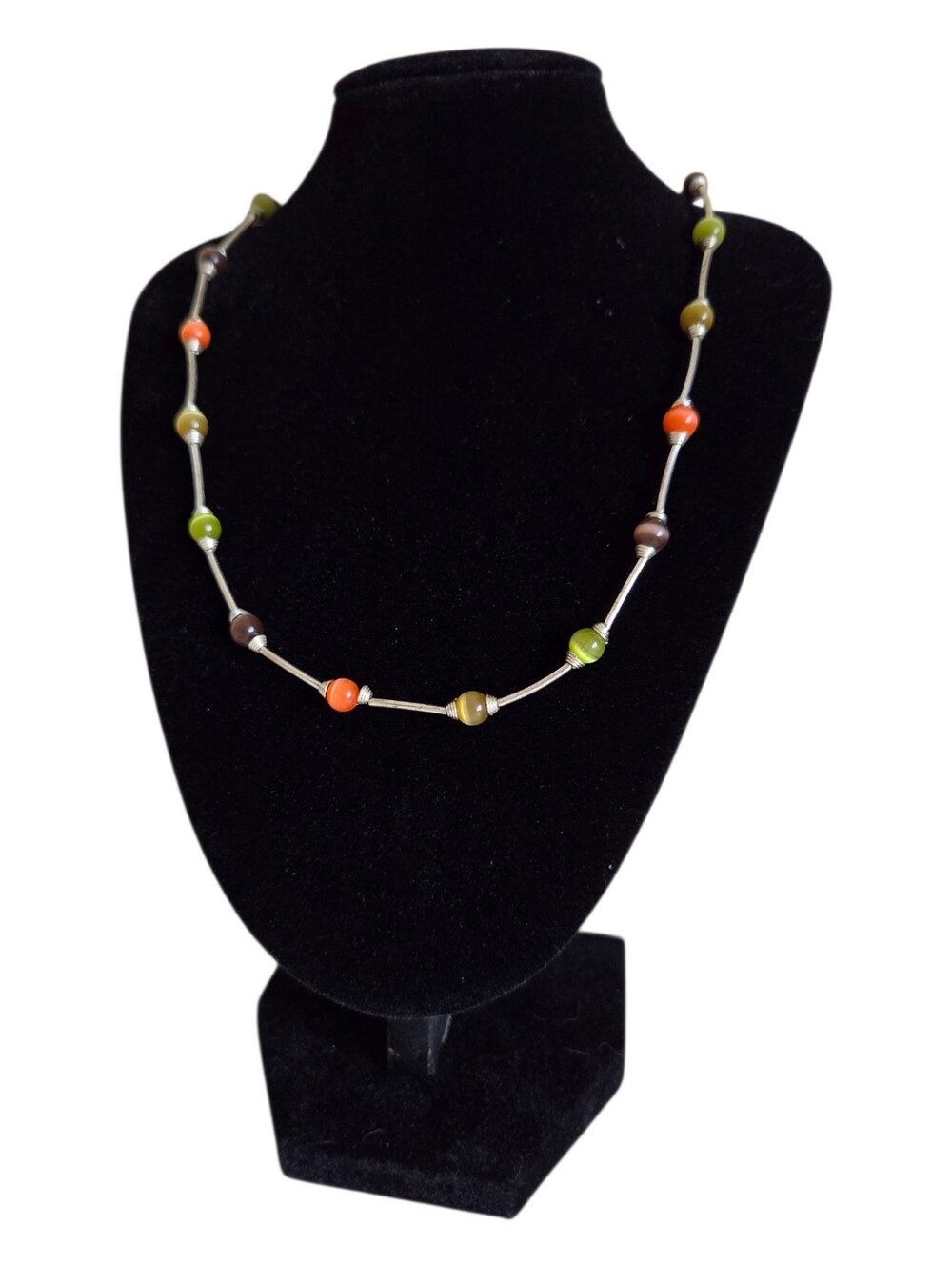 cats eye glass bead curved tube bar station necklace earth tones silver tone